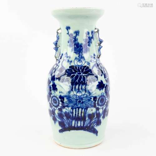 A Chinese vase with blue-white flower decor and celadon glaz...