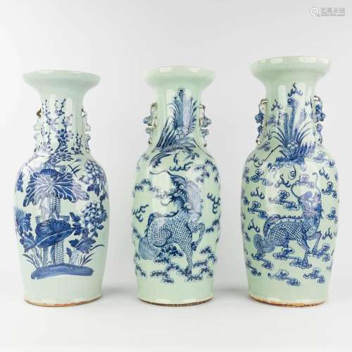 A collection o 3 Celadon Chinese vases with blue-white decor...