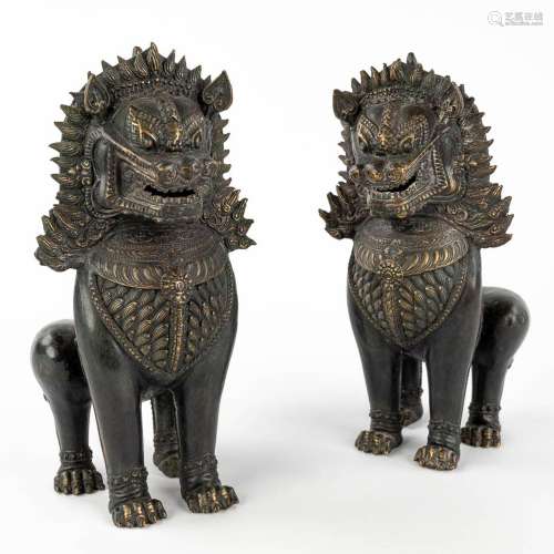 A pair of Thai Temple Guards, patinated bronze. 20th C. (L: ...