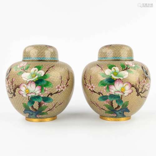 A pair of cloisonné vases with floral decor. (H: 23,5 x D: 2...