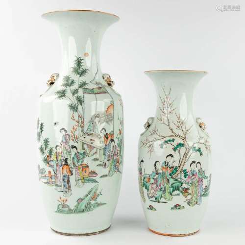 A set of 2 Chinese Famille Rose vases, decorated with ladies...