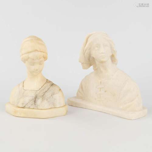 A set of 2 busts, sculptured alabaster. (L: 10 x W: 21,5 x H...