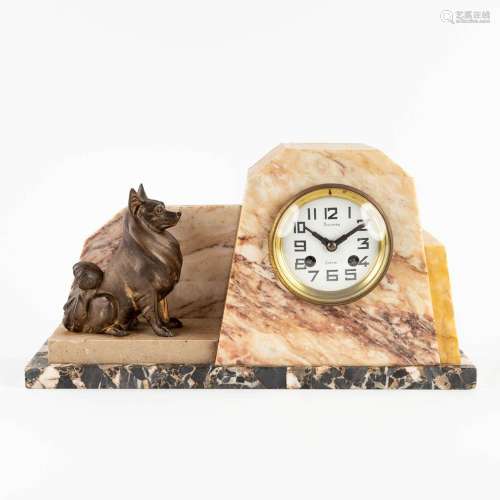 A mantle clock with a small dog, art deco. (L: 10,5 x W: 40 ...