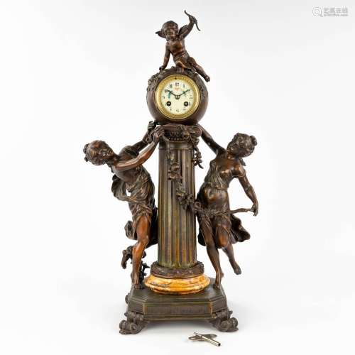 L & F Moreau, a mantle garniture clock, spelter, Circa 1...