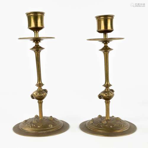 A pair of bronze candlesticks, decorated with insects. 19th ...