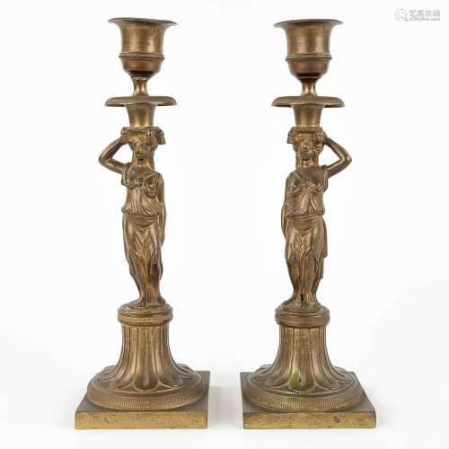 A pair of Karyatid candlesticks, bronze 19th C. (L: 8 x W: 8...