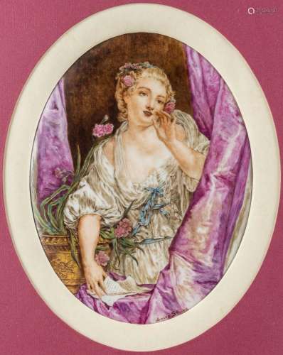A framed porcelain plaque, with an image of a noble lady. Si...