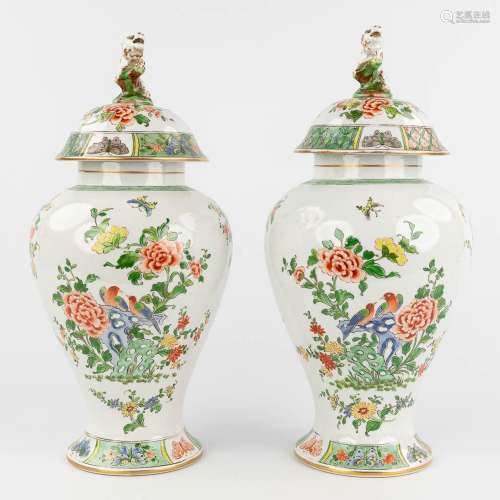 Pair of Chinese-style vases, porcelain with hand-painted flo...