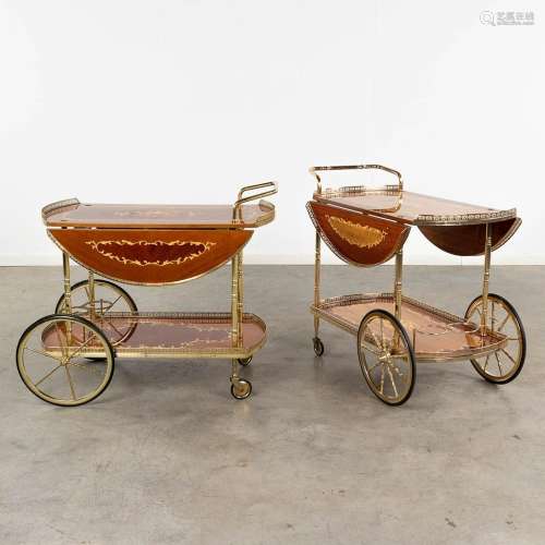 A collection of 2 bar-carts, marquetry inlay and copper/acry...