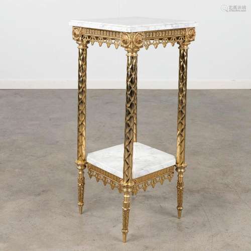 A pedestal, brass and white marble. 20th C. (L: 34 x W: 34 x...
