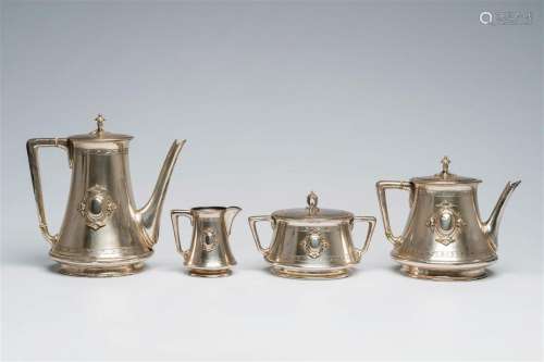 A Belgian four-piece silver coffee and tea set with cartouch...