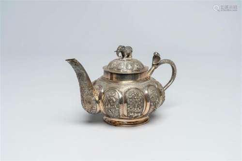 An Anglo-Indian colonial silver teapot with a cobra, animate...