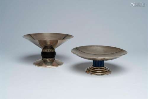 Two silver-plated tazzas with wood and faux-lapis lazuli ste...