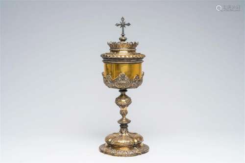 A Ghent Baroque revival partly gilt silver ciborium with a.o...