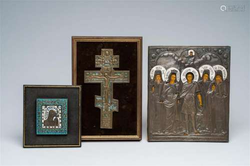 An orthodox 'Five saints' icon with partly enamelled metal o...