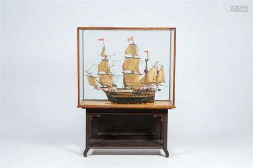 A painted wood model of a 16th-C. German galleon with glass ...