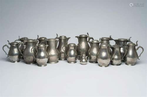 Sixteen pewter jugs, a.o. Bruges, Brussels, Ghent and Lille,...