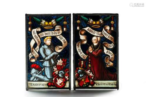 A pair of Flemish Gothic revival painted stained glass windo...