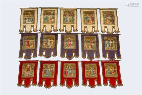 Fifteen 'Rosary' procession banners with gold and silver thr...