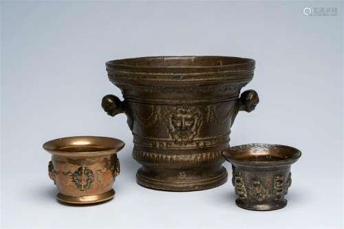 Three various bronze mortars with relief design, 17th C. and...