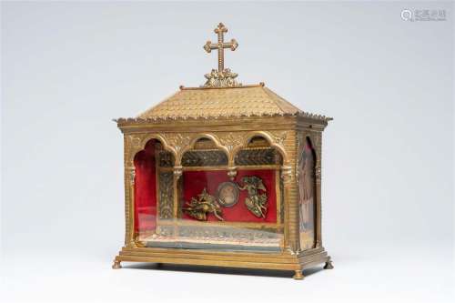 A Flemish or French bronze medieval church-shaped shrine wit...