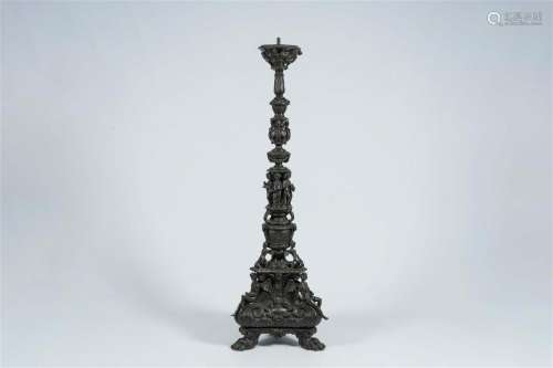 An impressive French patinated bronze candlestick with grote...