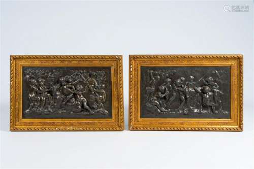 A pair of large French bronze patinated copper plaques with ...