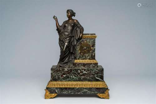A French gilt and patinated bronze mounted marble mantel clo...