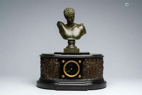 A French black marble mantel clock with a 'Greek goddesses' ...