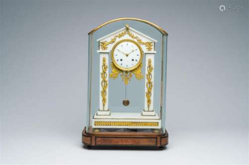 A French gilt bronze mounted white marble portico clock unde...