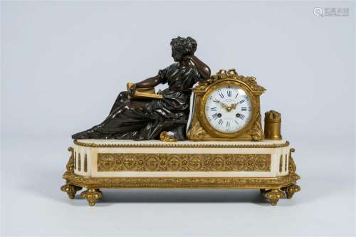 A French gilt bronze mounted white marble mantel clock with ...