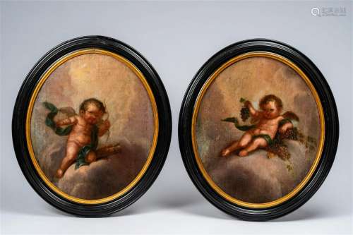 European School: Cupid and a cherub with Grapes, oil on canv...