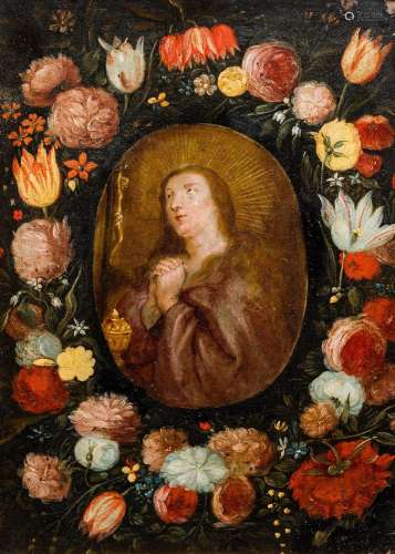 Flemish school: Saint Barbara in a garland of flowers, oil o...