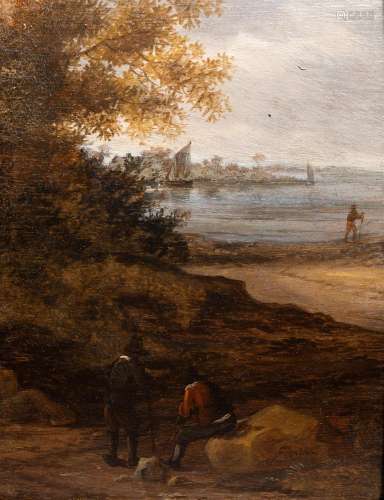 Dutch school: Landscape with men resting on the banks of the...