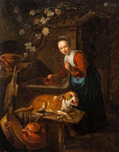 Dutch school: Kitchen maid with her dog at the well, oil on ...