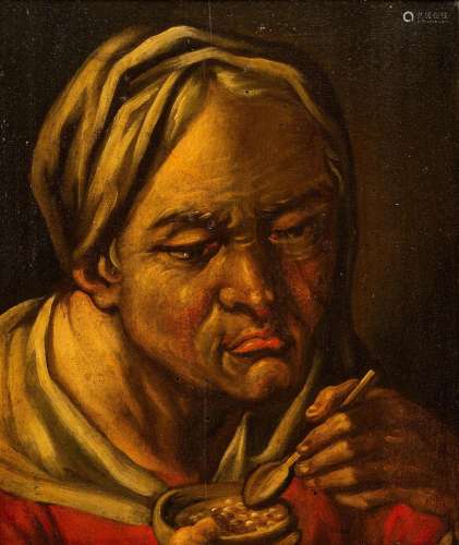Flemish school: Eating the porridge, oil on panel, 18th C.