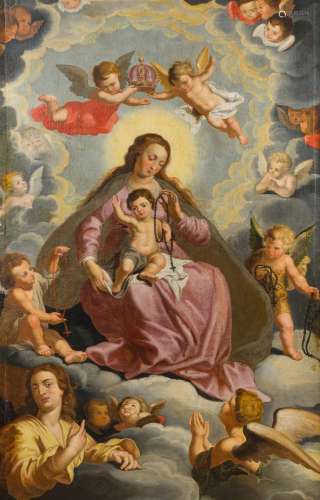 Flemish school: Madonna of the Rosary, oil on canvas, 17th C...