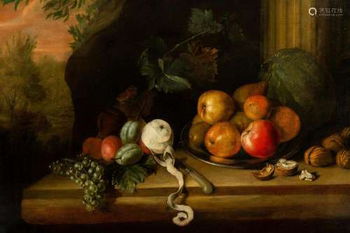 German school: Still life with fruit and walnuts in a park s...