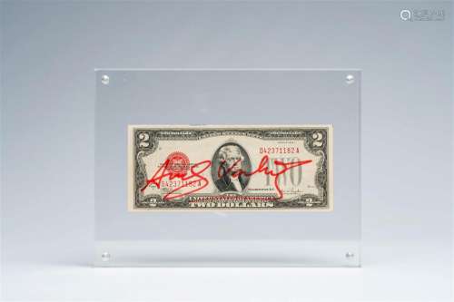 Andy Warhol (1928-1987): An autographed two-dollar bill depi...