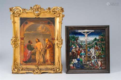A French Limoges enamel 'Golgotha' plaque and an oleograph d...