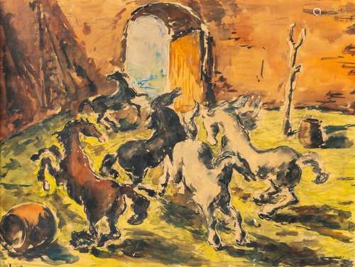 Arturo Souto (1902-1964): Horses in the arena, watercolour o...