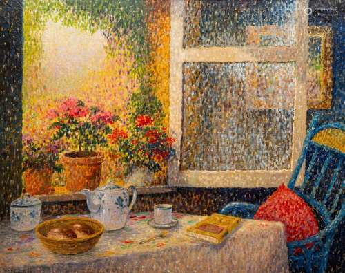 Jos Pauwels (20th C.): Interior scene with a view on the gar...