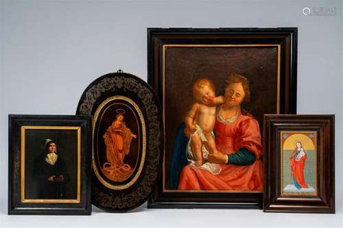 A varied collection of three religious paintings and a marqu...