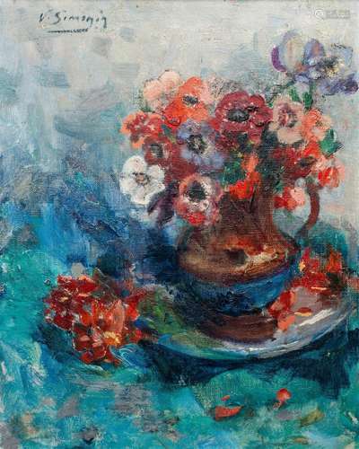 Victor Simonin (1877-1946): Still life with anemones, oil on...