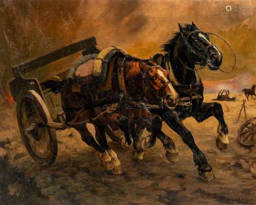 Constant De Busschere (1876-1951): Horses on the battlefield...