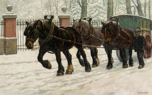 Constant De Busschere (1876-1951): Horses in a snowy landsca...