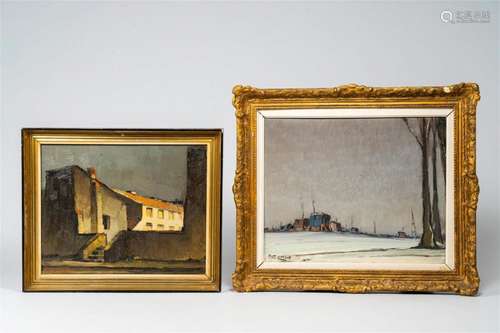 Piet Lippens (1890-1981): A cityscape and caravans in a snow...