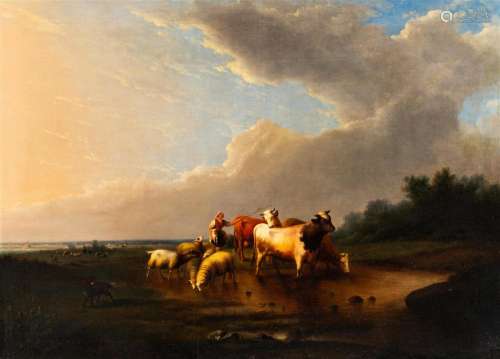 Frans Van Severdonck (1809-1889): A shepherdess with her flo...