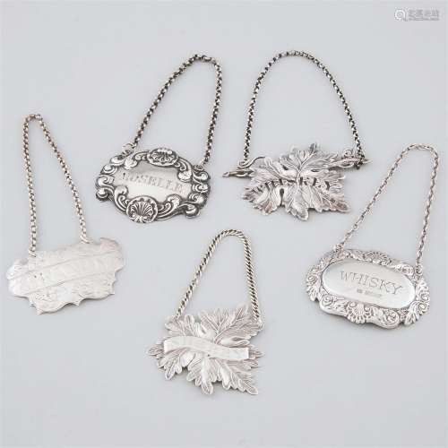 Five Victorian and Later English Silver Wine Labels, Birmin