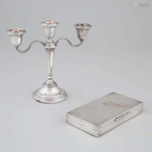 English Silver Three-Light Candelabrum and Cigarette Box, A